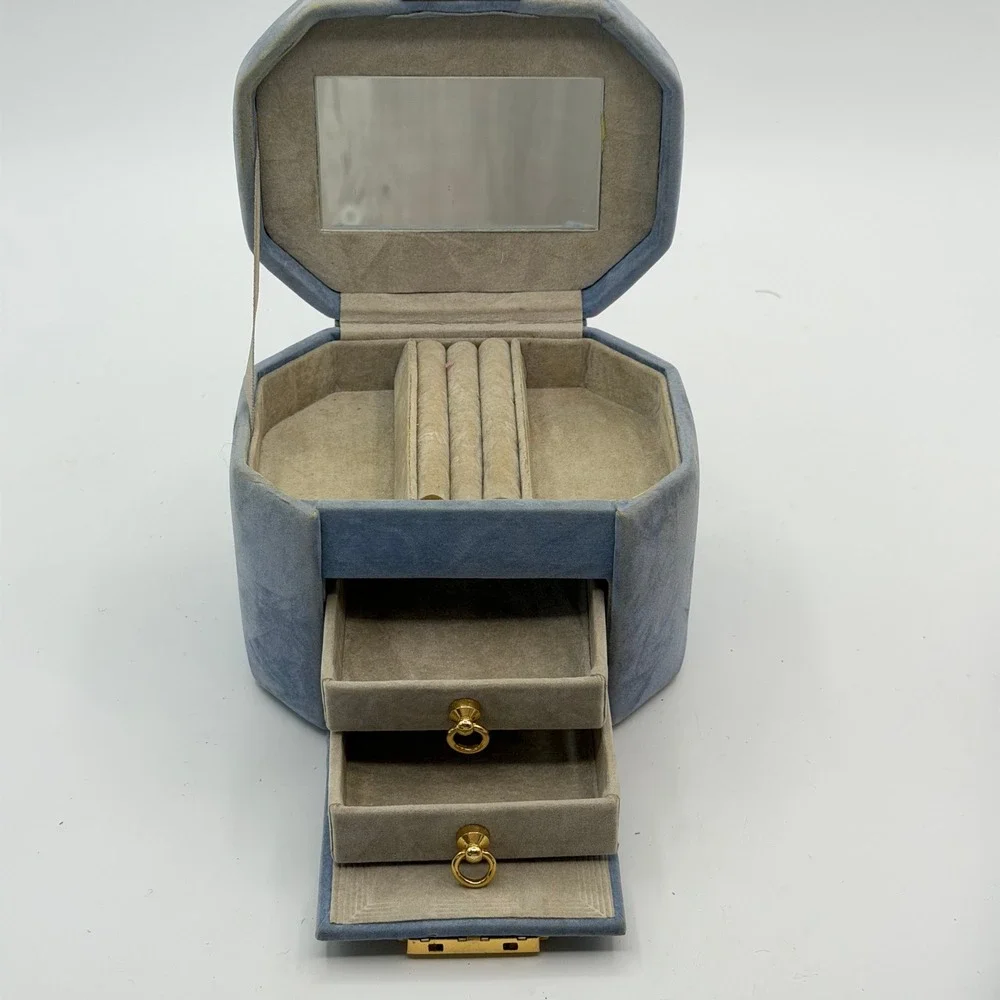 VTG 90s Wolf Designs Jewelry Box Pastel Blue Velvet Octagon Lock Key Tassel